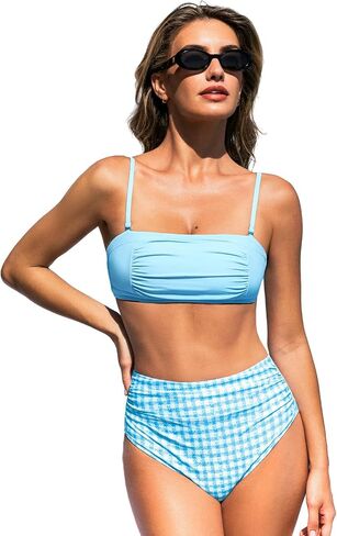 CUPSHE Two Piece Swimsuit for Women High Waisted Square Neck Removable Straps Ruching Bathing Suits in Kuwait