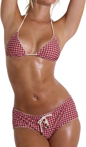 Women Y2k Shorts Bikini Set Halter String Triangle Bikini Top Drawstring Boy Shorts Swimsuit Striped Bikinis in Saudi Arabia