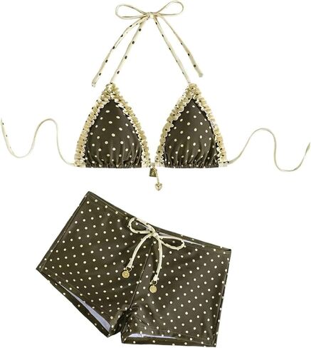 WDIRARA Women's Polka Dots 2 Piece Swimsuit Frill Trim Triangle Halter Bikini Sets with Boyshorts in Kuwait
