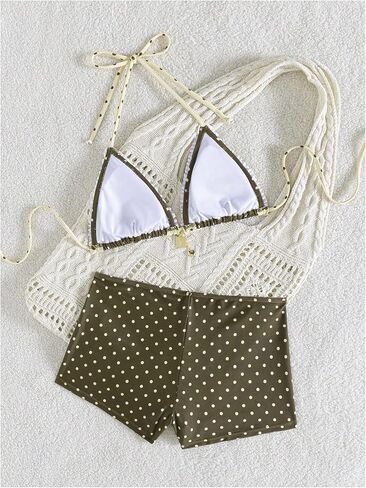 WDIRARA Women's Polka Dots 2 Piece Swimsuit Frill Trim Triangle Halter Bikini Sets with Boyshorts in Kuwait