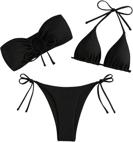 SweatyRocks Women's Brazilian Thong Spaghetti Straps Halter Tie Back Triangle Top Tie-Side Thong Bottom Sexy Bikini Suits in Kuwait