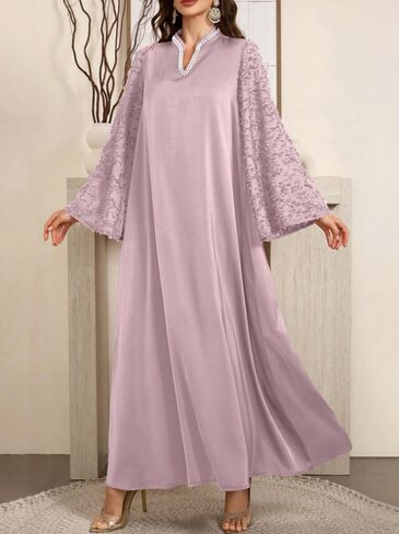 Women's Long Sleeve Jalabiya V Neck Flare Sleeve Solid Color Relaxed Fit Elegant Four Seasons Arabian Dress in Kuwait