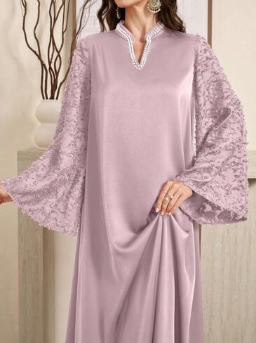 Women's Long Sleeve Jalabiya V Neck Flare Sleeve Solid Color Relaxed Fit Elegant Four Seasons Arabian Dress in Kuwait