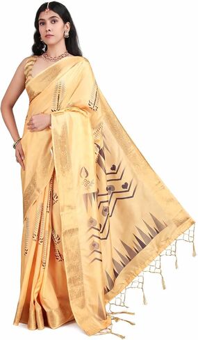 Women’s Banarasi Soft Silk Saree with Traditional Printed Pallu & Woven Border | Elegant Ethnic Saree for Festive, Wedding & Party Wear in Saudi Arabia