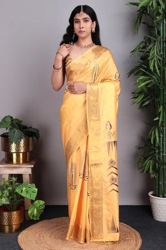 Women’s Banarasi Soft Silk Saree with Traditional Printed Pallu & Woven Border | Elegant Ethnic Saree for Festive, Wedding & Party Wear in Saudi Arabia
