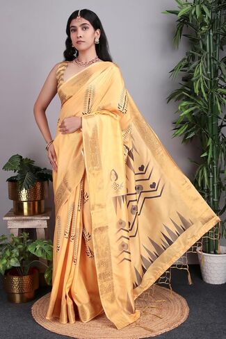 Women’s Banarasi Soft Silk Saree with Traditional Printed Pallu & Woven Border | Elegant Ethnic Saree for Festive, Wedding & Party Wear in Saudi Arabia