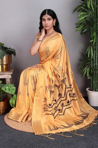 Women’s Banarasi Soft Silk Saree with Traditional Printed Pallu & Woven Border | Elegant Ethnic Saree for Festive, Wedding & Party Wear in Saudi Arabia