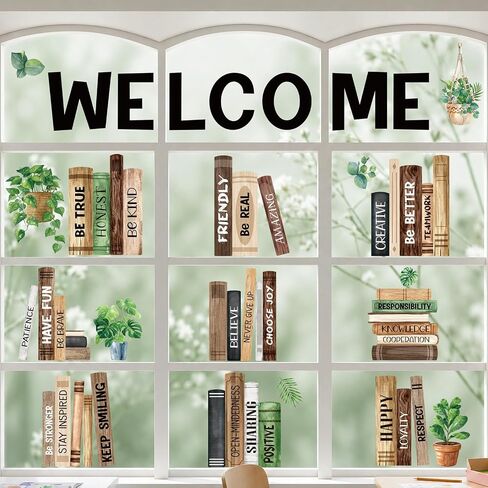Pasimy 9 Sheet Vintage Book Window Stickers Back to School Window Clings Double Sided Inspirational Bookshelf Glass Decal for First Day of School Reading Classroom Library Home Wall Decor (Wildflower) in Kuwait