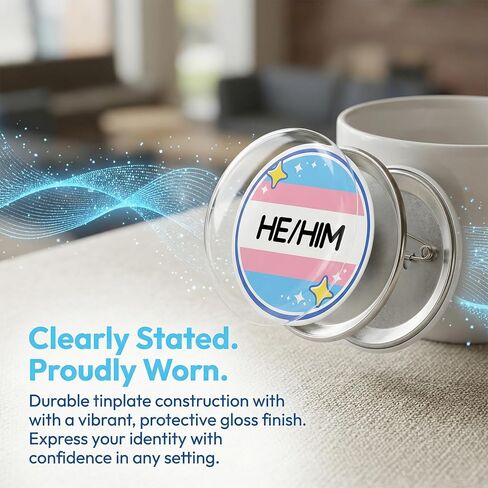 Pronoun Pin He/Him Badge: Gift Boxed Transgender Pride Accessories 2.3" Large Round Button for Clothing Bags Safe for Fabric Jackets Backpacks Trans Identity Pride Month Party Decor in Saudi Arabia