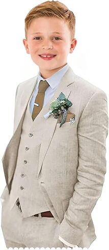 Boys Linen Suit 3 Piece Slim Fit Formal Suit Set Summer Wedding Suit Kids Tuxedo Jacket Vest Pant in Saudi Arabia