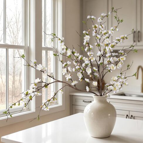 Artificial Plum Blossom Fake Cherry Blossom Branches Fake Flowers Artificial Flowers 4PCS 35.4'' Long Stem Artificial Flowers for Tall Vase Silk Flowers for Indoor Home Decor (White) No Vase in Saudi Arabia