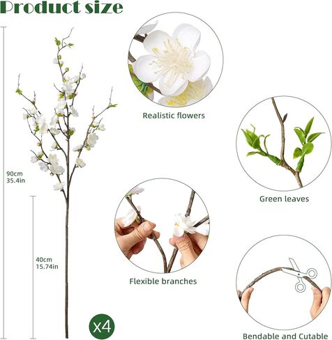 Artificial Plum Blossom Fake Cherry Blossom Branches Fake Flowers Artificial Flowers 4PCS 35.4'' Long Stem Artificial Flowers for Tall Vase Silk Flowers for Indoor Home Decor (White) No Vase in Saudi Arabia