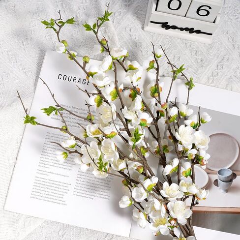Artificial Plum Blossom Fake Cherry Blossom Branches Fake Flowers Artificial Flowers 4PCS 35.4'' Long Stem Artificial Flowers for Tall Vase Silk Flowers for Indoor Home Decor (White) No Vase in Saudi Arabia