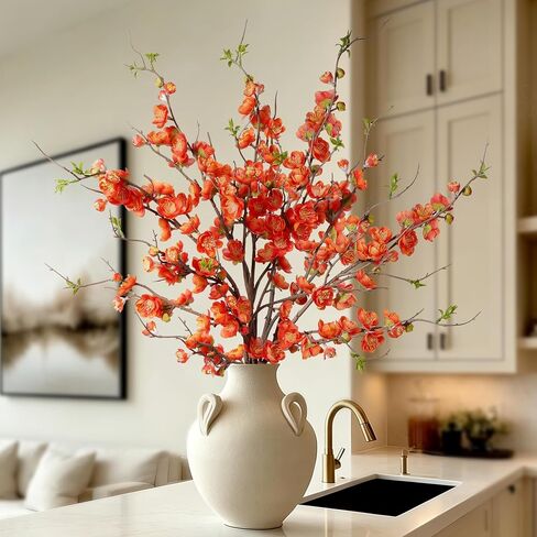 Artificial Plum Blossom Fake Cherry Blossom Branches Fake Flowers Artificial Flowers 4PCS 35.4'' Long Stem Artificial Flowers for Tall Vase Silk Flowers for Indoor Home Decor (White) No Vase in Saudi Arabia