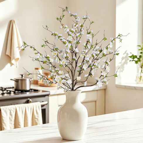 Artificial Plum Blossom Fake Cherry Blossom Branches Fake Flowers Artificial Flowers 4PCS 35.4'' Long Stem Artificial Flowers for Tall Vase Silk Flowers for Indoor Home Decor (White) No Vase in Saudi Arabia