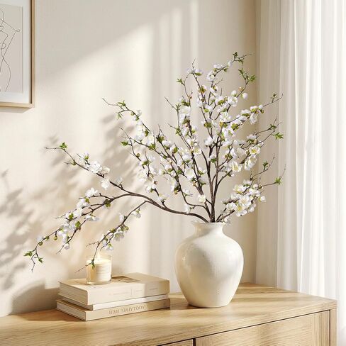 Artificial Plum Blossom Fake Cherry Blossom Branches Fake Flowers Artificial Flowers 4PCS 35.4'' Long Stem Artificial Flowers for Tall Vase Silk Flowers for Indoor Home Decor (White) No Vase in Saudi Arabia