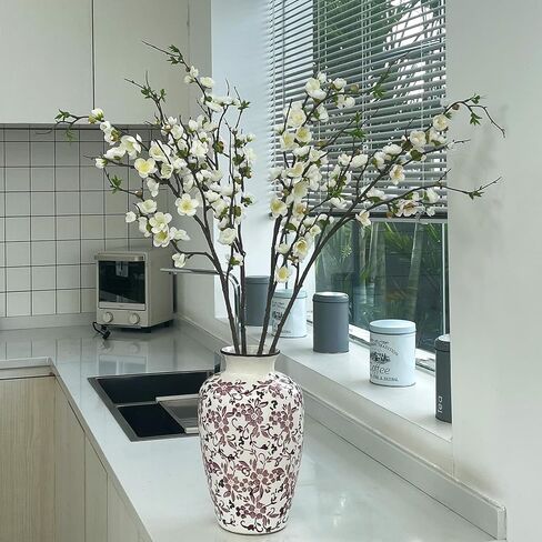 Artificial Plum Blossom Fake Cherry Blossom Branches Fake Flowers Artificial Flowers 4PCS 35.4'' Long Stem Artificial Flowers for Tall Vase Silk Flowers for Indoor Home Decor (White) No Vase in Saudi Arabia