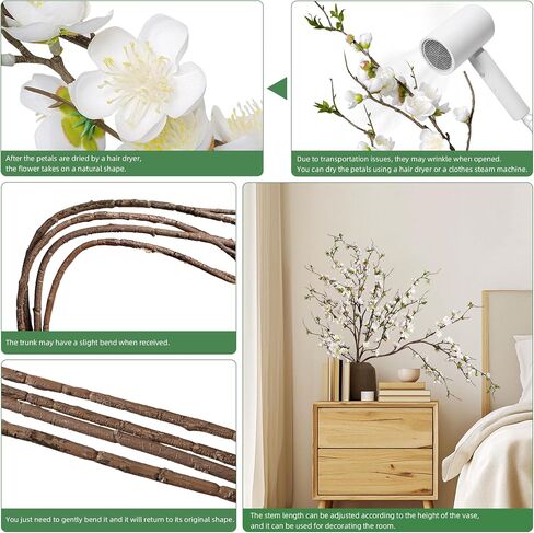 Artificial Plum Blossom Fake Cherry Blossom Branches Fake Flowers Artificial Flowers 4PCS 35.4'' Long Stem Artificial Flowers for Tall Vase Silk Flowers for Indoor Home Decor (White) No Vase in Saudi Arabia