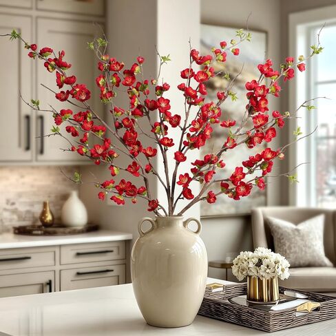 Artificial Plum Blossom Fake Cherry Blossom Branches Fake Flowers Artificial Flowers 4PCS 35.4'' Long Stem Artificial Flowers for Tall Vase Silk Flowers for Indoor Home Decor (White) No Vase in Saudi Arabia