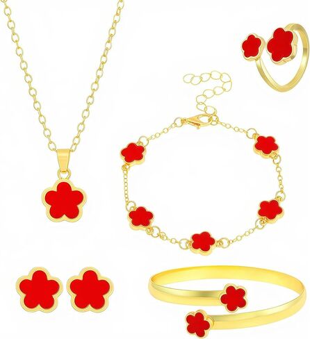 5-Piece Clover Jewelry Set for Women,14K Gold Plated Necklace Bracelet Ring Earrings Sets,Adjustable Open Ring & Bangle,Minimalist Lucky Charm Four Leaf Clover Pendant Choker for Her Wife Mom Gifts in Saudi Arabia