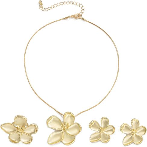 Gold Flower Jewelry Set for Women Dainty Chunky Big Flowers Floral Statement Choker Necklace Stud Earrings Finger Rings for Summer Wedding Bridal Prom Party Vacation Trendy Jewelry in Kuwait