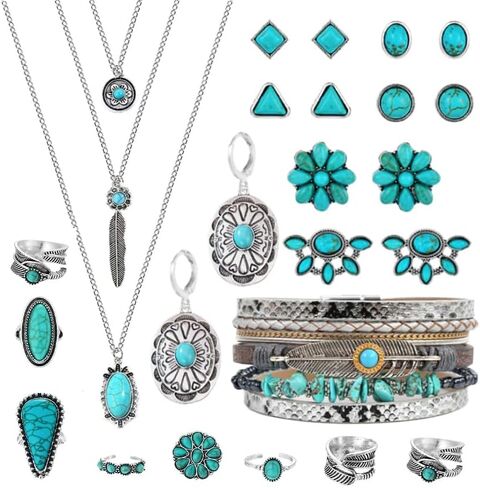17 Piece Bohemian Western Turquoise Jewelry Set for Women Silver Cowgirl Layered Necklace Natural Turquoise Geometric Flower Earrings Rings Faux Leather Wristband Bracelets Country Concert Cowgirl Accessories in Kuwait