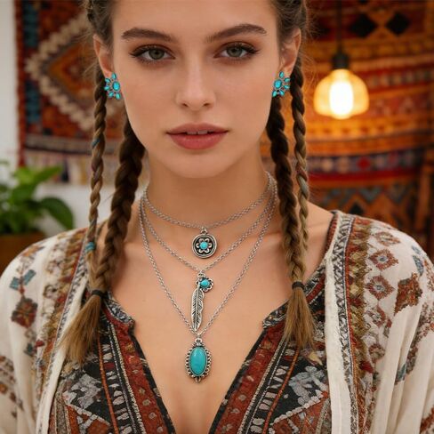 17 Piece Bohemian Western Turquoise Jewelry Set for Women Silver Cowgirl Layered Necklace Natural Turquoise Geometric Flower Earrings Rings Faux Leather Wristband Bracelets Country Concert Cowgirl Accessories in Kuwait