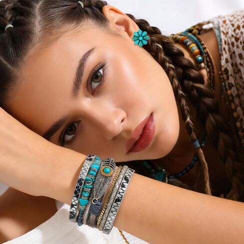 17 Piece Bohemian Western Turquoise Jewelry Set for Women Silver Cowgirl Layered Necklace Natural Turquoise Geometric Flower Earrings Rings Faux Leather Wristband Bracelets Country Concert Cowgirl Accessories in Kuwait