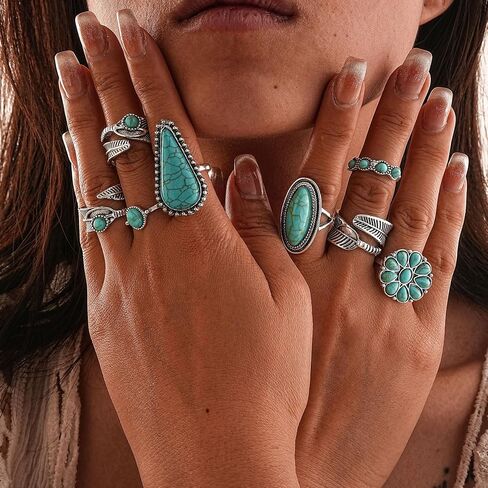17 Piece Bohemian Western Turquoise Jewelry Set for Women Silver Cowgirl Layered Necklace Natural Turquoise Geometric Flower Earrings Rings Faux Leather Wristband Bracelets Country Concert Cowgirl Accessories in Kuwait
