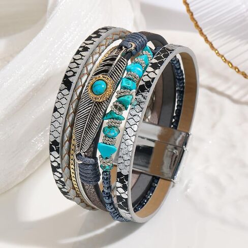 17 Piece Bohemian Western Turquoise Jewelry Set for Women Silver Cowgirl Layered Necklace Natural Turquoise Geometric Flower Earrings Rings Faux Leather Wristband Bracelets Country Concert Cowgirl Accessories in Kuwait