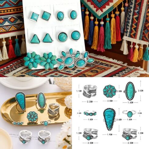 17 Piece Bohemian Western Turquoise Jewelry Set for Women Silver Cowgirl Layered Necklace Natural Turquoise Geometric Flower Earrings Rings Faux Leather Wristband Bracelets Country Concert Cowgirl Accessories in Kuwait