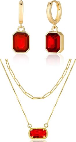 Lourny Gold Earrings and Layered Crystal Birthstone Necklace Set for Women, 18K Gold Plated Red Trendy Jewelry for Women Gifts in Saudi Arabia