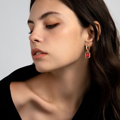 Lourny Gold Earrings and Layered Crystal Birthstone Necklace Set for Women, 18K Gold Plated Red Trendy Jewelry for Women Gifts in Saudi Arabia