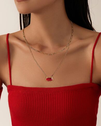 Lourny Gold Earrings and Layered Crystal Birthstone Necklace Set for Women, 18K Gold Plated Red Trendy Jewelry for Women Gifts in Saudi Arabia