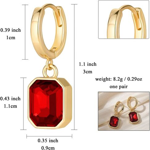 Lourny Gold Earrings and Layered Crystal Birthstone Necklace Set for Women, 18K Gold Plated Red Trendy Jewelry for Women Gifts in Saudi Arabia