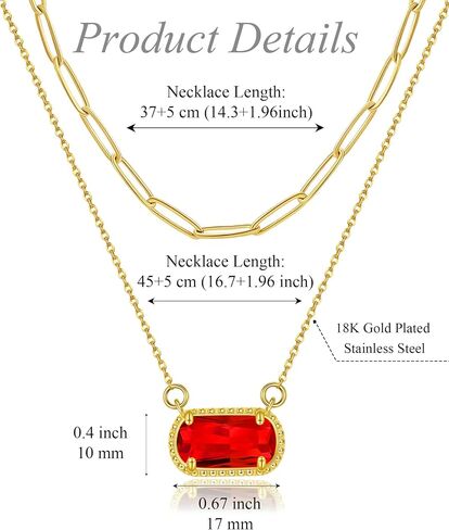 Lourny Gold Earrings and Layered Crystal Birthstone Necklace Set for Women, 18K Gold Plated Red Trendy Jewelry for Women Gifts in Saudi Arabia