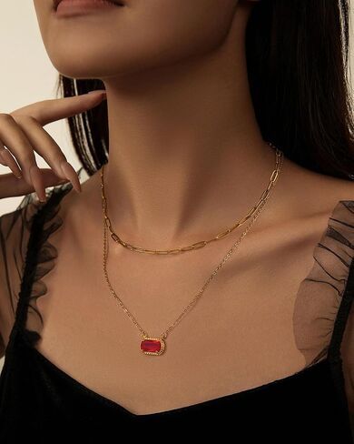 Lourny Gold Earrings and Layered Crystal Birthstone Necklace Set for Women, 18K Gold Plated Red Trendy Jewelry for Women Gifts in Saudi Arabia