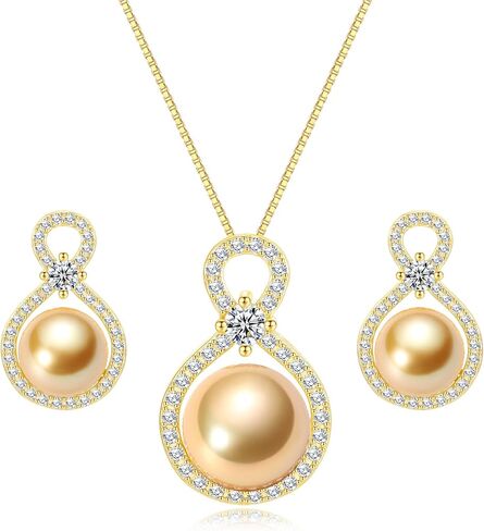10-11MM Round Pearl Necklace and Earrings, Blue/Black/Golden/White/Purple Cultured Pearls, S925 Sterling Silver Infinity Necklaces with 18+2In Adjustable Chain, Elegant Jewelry Gifts for Women in Saudi Arabia
