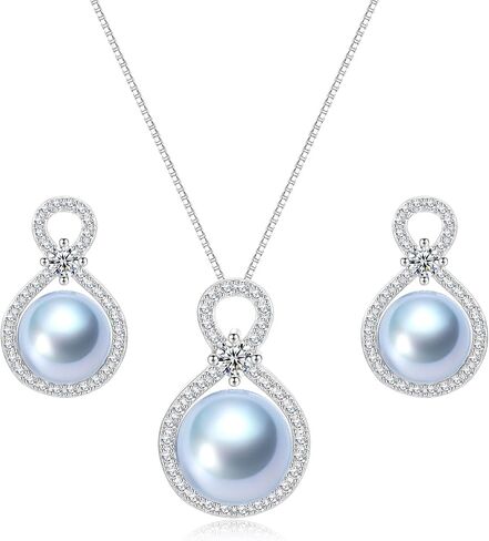 10-11MM Round Pearl Necklace and Earrings, Blue/Black/Golden/White/Purple Cultured Pearls, S925 Sterling Silver Infinity Necklaces with 18+2In Adjustable Chain, Elegant Jewelry Gifts for Women in Saudi Arabia
