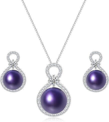 10-11MM Round Pearl Necklace and Earrings, Blue/Black/Golden/White/Purple Cultured Pearls, S925 Sterling Silver Infinity Necklaces with 18+2In Adjustable Chain, Elegant Jewelry Gifts for Women in Saudi Arabia