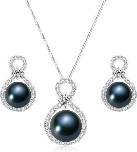 10-11MM Round Pearl Necklace and Earrings, Blue/Black/Golden/White/Purple Cultured Pearls, S925 Sterling Silver Infinity Necklaces with 18+2In Adjustable Chain, Elegant Jewelry Gifts for Women in Saudi Arabia