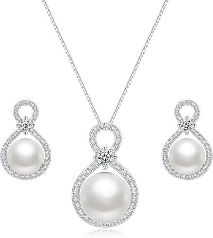 10-11MM Round Pearl Necklace and Earrings, Blue/Black/Golden/White/Purple Cultured Pearls, S925 Sterling Silver Infinity Necklaces with 18+2In Adjustable Chain, Elegant Jewelry Gifts for Women in Saudi Arabia
