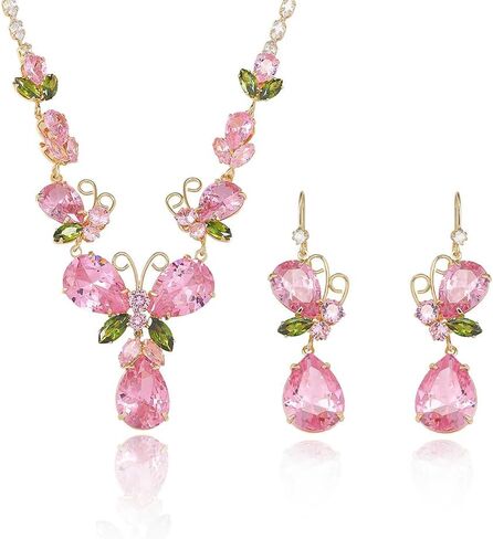 Pink Teardrop Butterfly Wedding Bridal Jewelry Set for Women Ladies Luxury Cubic Zirconia Flower Leaf Charm Choker Necklace Elegant Dangle Drop Earrings Engagement Statement Party Prom Accessories in Kuwait