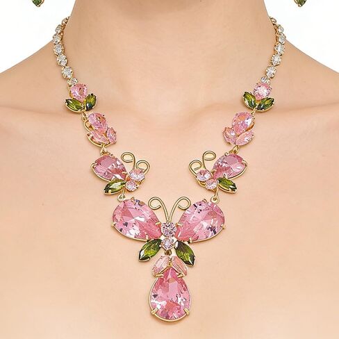 Pink Teardrop Butterfly Wedding Bridal Jewelry Set for Women Ladies Luxury Cubic Zirconia Flower Leaf Charm Choker Necklace Elegant Dangle Drop Earrings Engagement Statement Party Prom Accessories in Kuwait