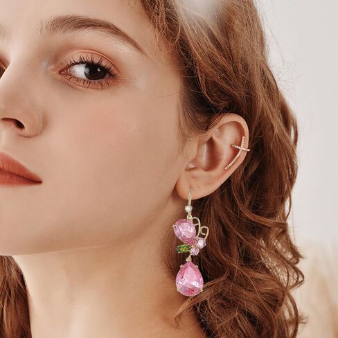 Pink Teardrop Butterfly Wedding Bridal Jewelry Set for Women Ladies Luxury Cubic Zirconia Flower Leaf Charm Choker Necklace Elegant Dangle Drop Earrings Engagement Statement Party Prom Accessories in Kuwait