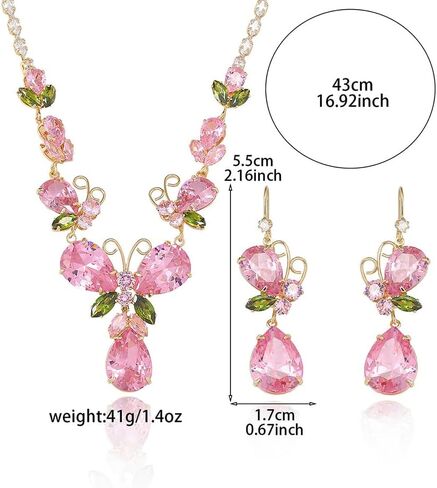 Pink Teardrop Butterfly Wedding Bridal Jewelry Set for Women Ladies Luxury Cubic Zirconia Flower Leaf Charm Choker Necklace Elegant Dangle Drop Earrings Engagement Statement Party Prom Accessories in Kuwait