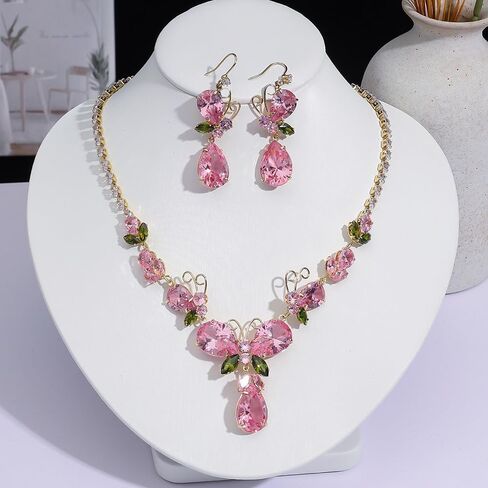 Pink Teardrop Butterfly Wedding Bridal Jewelry Set for Women Ladies Luxury Cubic Zirconia Flower Leaf Charm Choker Necklace Elegant Dangle Drop Earrings Engagement Statement Party Prom Accessories in Kuwait