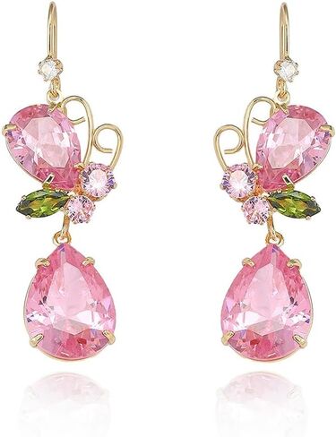 Pink Teardrop Butterfly Wedding Bridal Jewelry Set for Women Ladies Luxury Cubic Zirconia Flower Leaf Charm Choker Necklace Elegant Dangle Drop Earrings Engagement Statement Party Prom Accessories in Kuwait