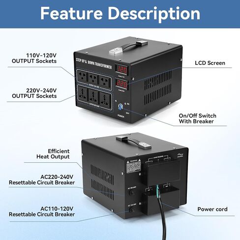5000W Voltage Transformer Step Up/Down, 110V/220V Voltage Converter, Manual Rewiring Switch, Dual LCD Display, 6 Outlets, Resettable Circuit Breaker Protection for Home Industrial Overseas Use in Saudi Arabia