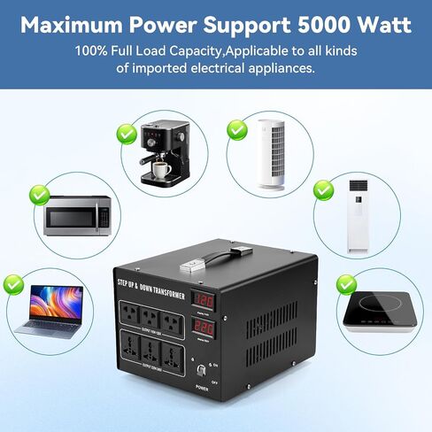 5000W Voltage Transformer Step Up/Down, 110V/220V Voltage Converter, Manual Rewiring Switch, Dual LCD Display, 6 Outlets, Resettable Circuit Breaker Protection for Home Industrial Overseas Use in Saudi Arabia